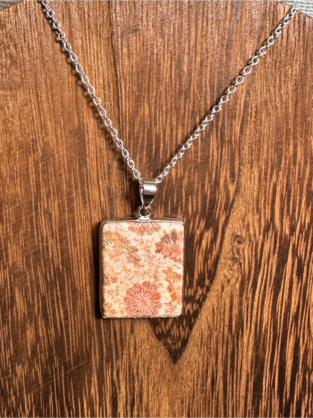 Coral Fossil Pendant Necklace on Silver Plated Box Chain - Picture 2 of 16